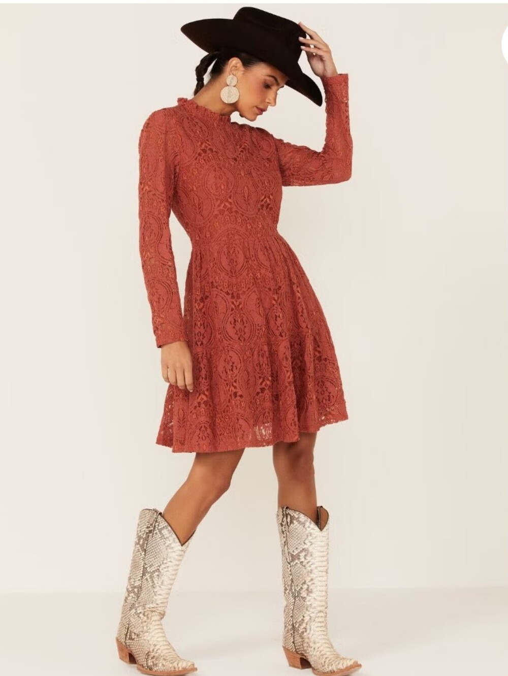 Molly Bracken Women's Lace Mock Neck Mini Dress Size Xlarge Rust Terracotta